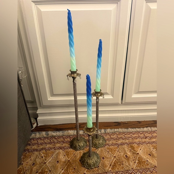 Other - 3 brass candle holders with crystal beading and crystal dangles